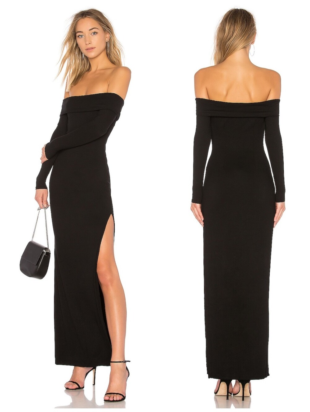 NWT Lovers And Friends Royale Maxi Ribbed Dress Off Shoulder Side Slit Black